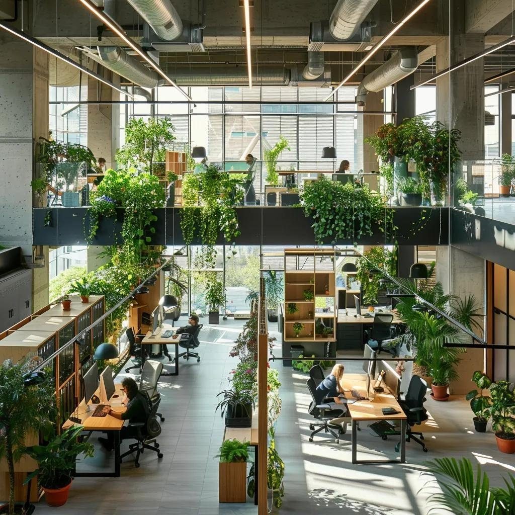 Bright office space with plants and modern ventilation systems, emphasizing the importance of indoor air quality