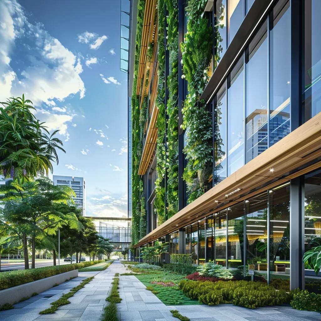 Modern commercial architecture featuring sustainable design and biophilic elements