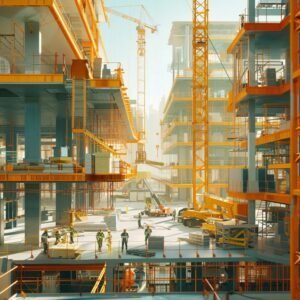 Modern commercial construction site highlighting health and safety protocols