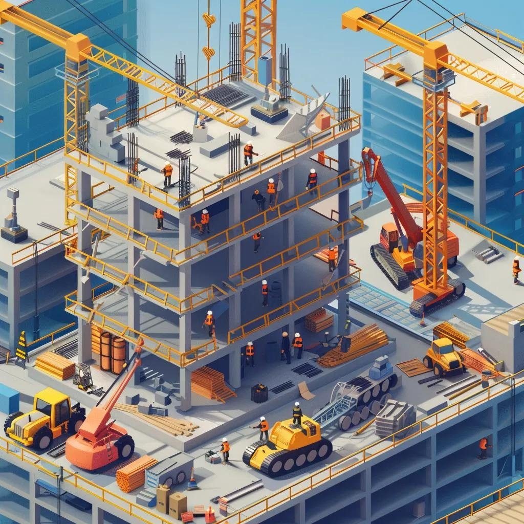 Modern commercial construction site with workers and equipment highlighting cost-effective building strategies