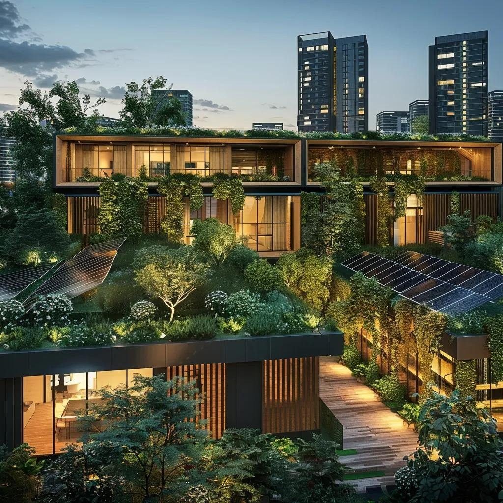 Sustainable commercial building with green roofs and solar panels illustrating eco-friendly design