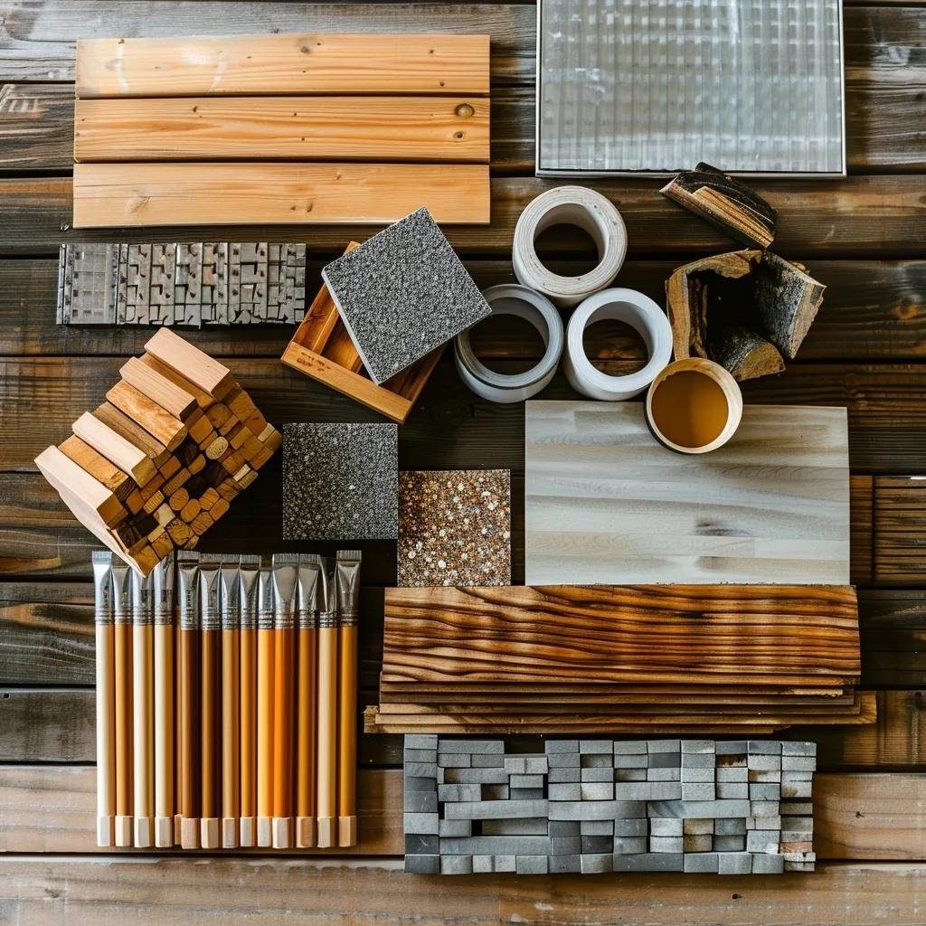 Eco-friendly construction materials including recycled steel and cross-laminated timber, showcasing sustainability