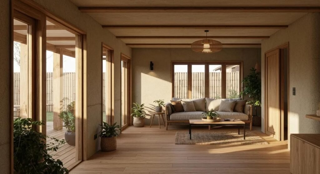 Cozy home featuring bio-based materials like hempcrete and bamboo