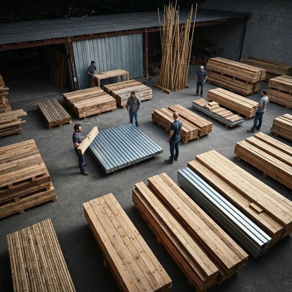 Local supplier yard showcasing eco-friendly building materials with workers inspecting and discussing