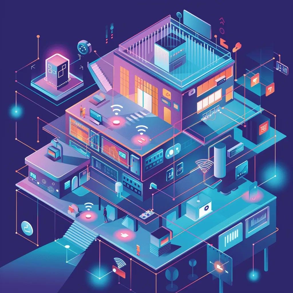 IoT devices and sensors integrated into a smart building's infrastructure showcasing enhanced efficiency