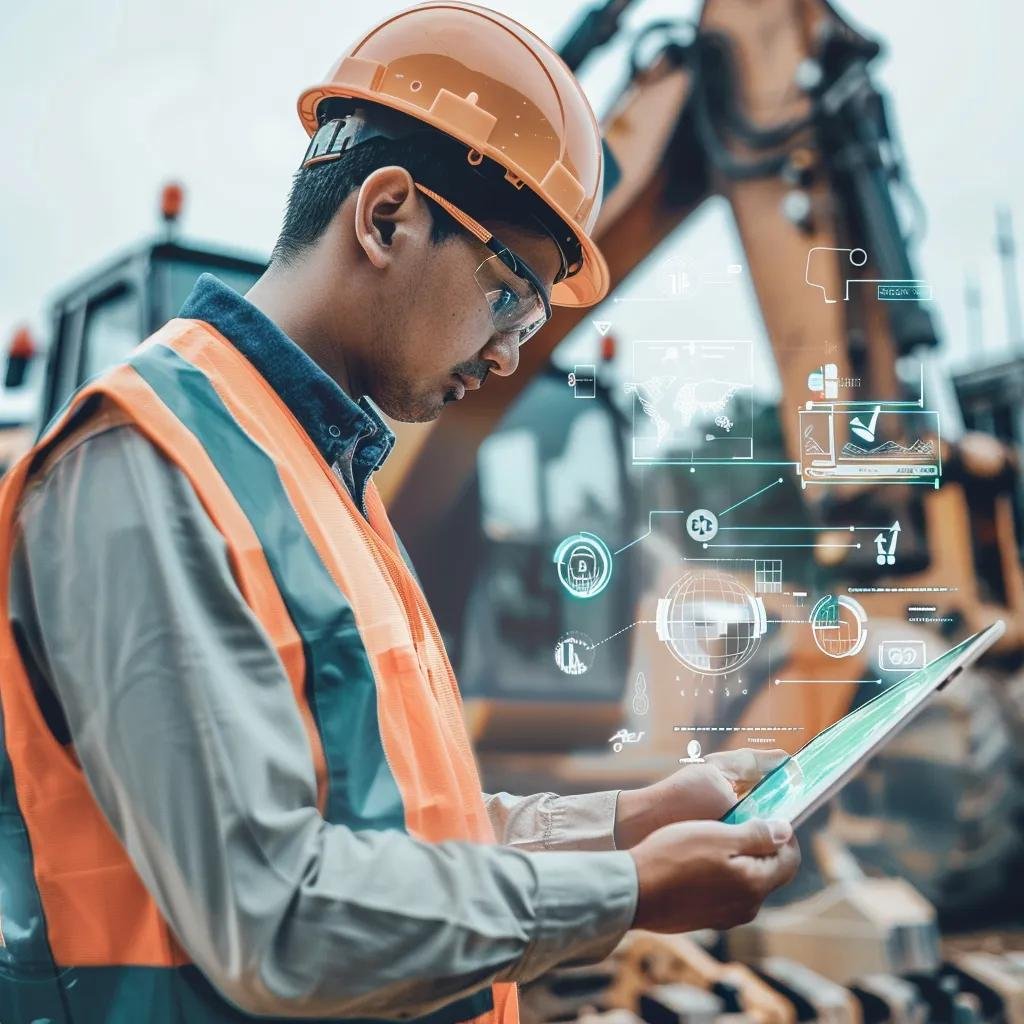 Construction worker using a tablet with AI analytics overlays on a construction site
