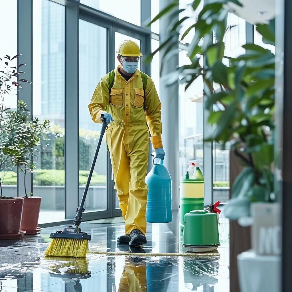 Professional cleaner using eco-friendly products in a commercial space, highlighting sustainable cleaning practices