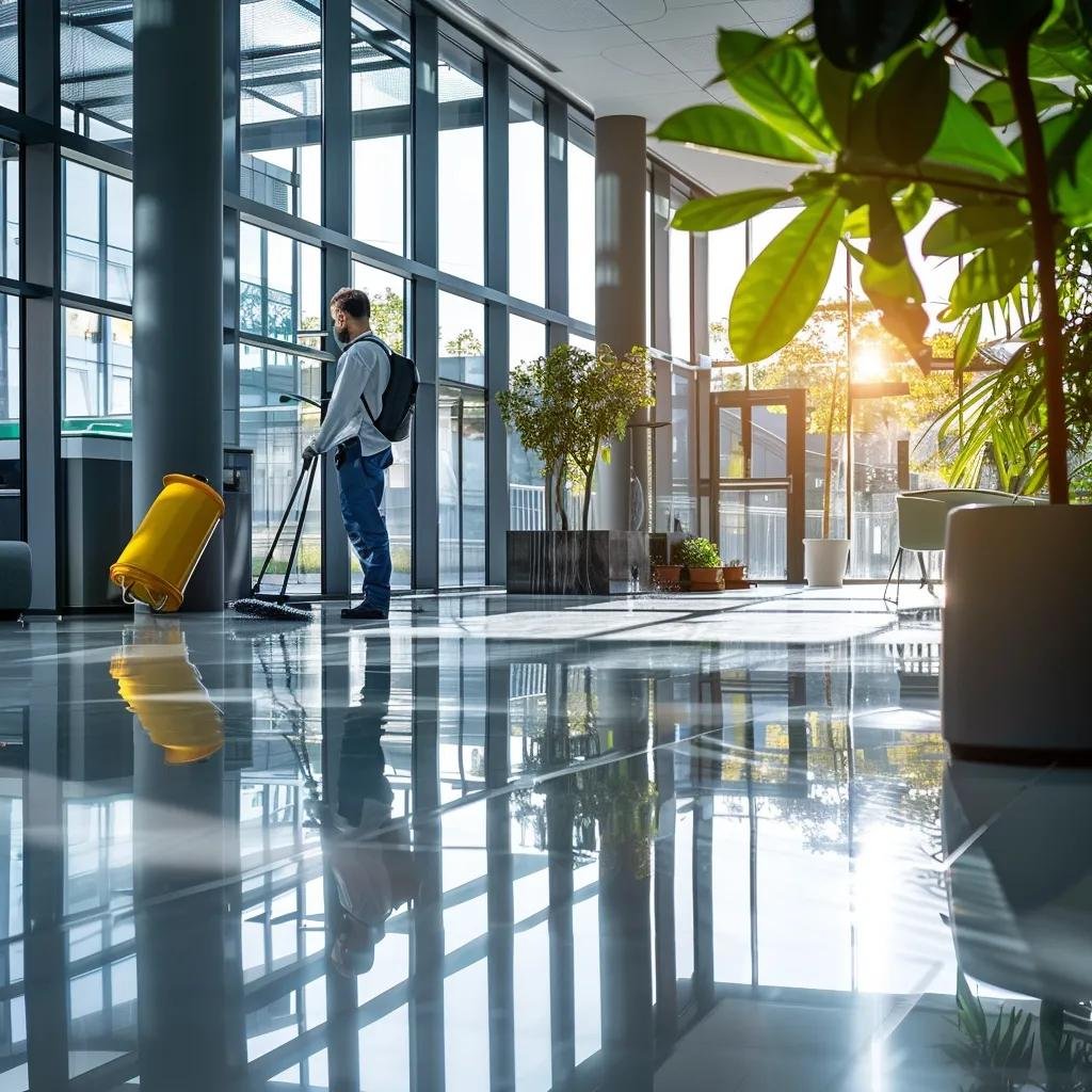 Professional cleaning team using eco-friendly products in a modern office environment
