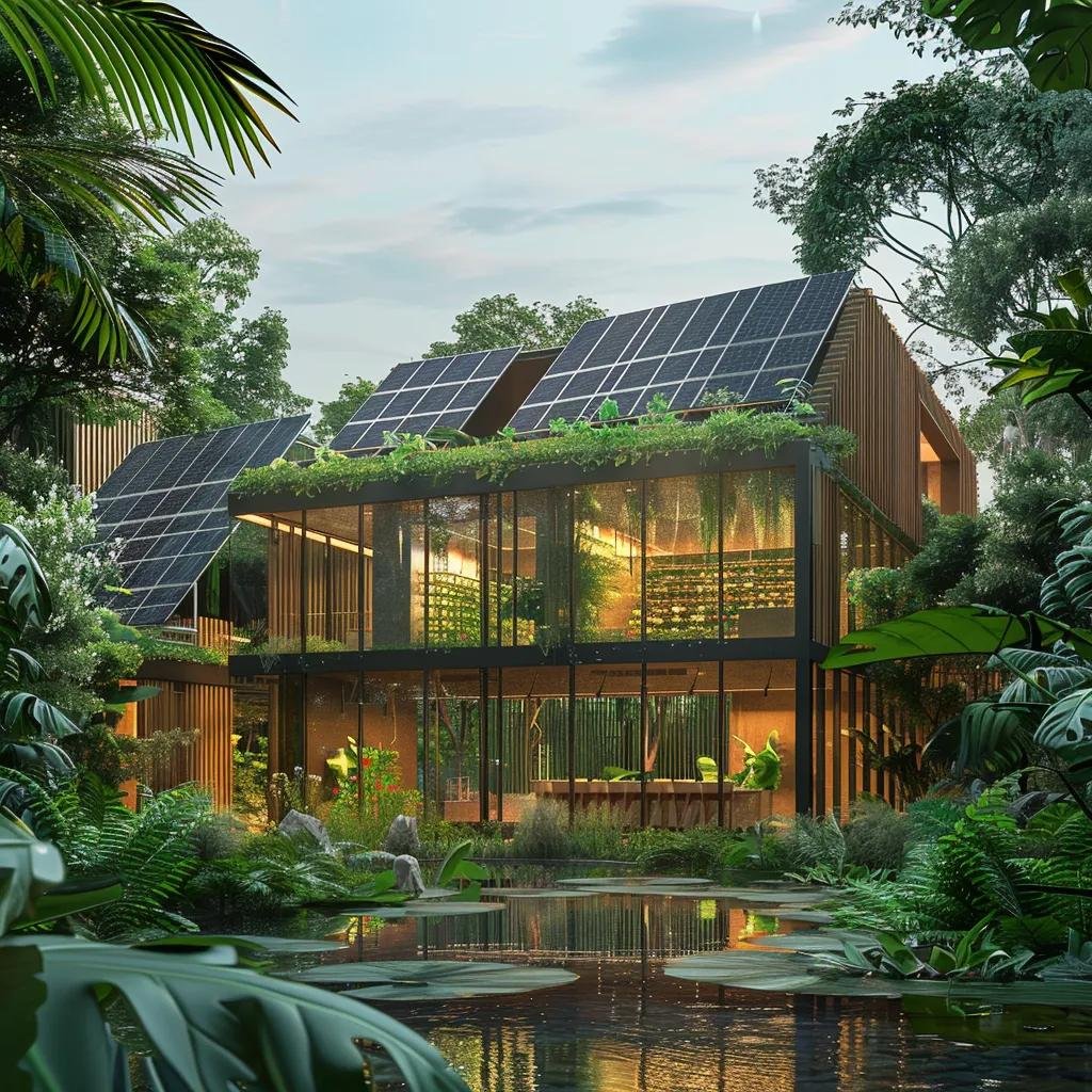 Sustainable commercial building with solar panels and greenery showcasing long-term savings benefits