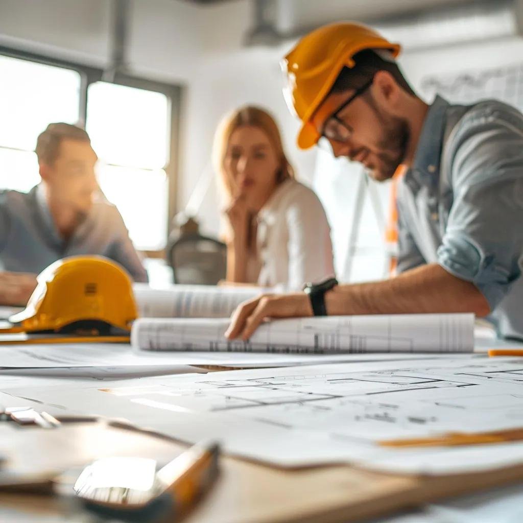Architects and engineers collaborating on blueprints to enhance value engineering in construction projects