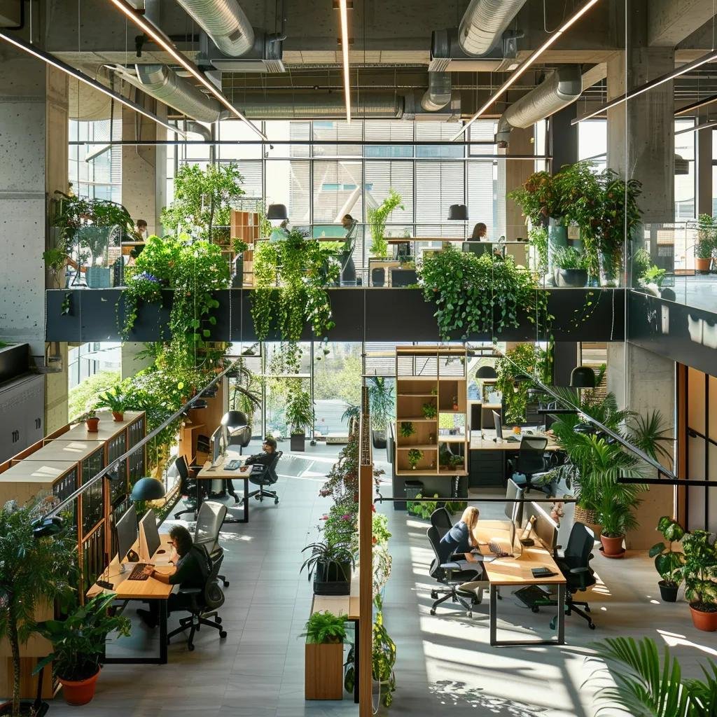 Bright office space with plants and modern ventilation systems, emphasizing the importance of indoor air quality