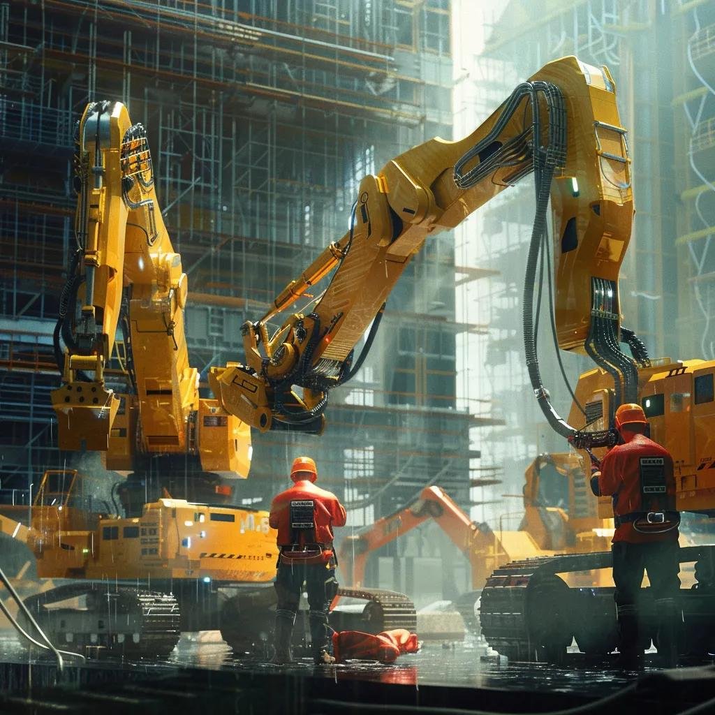 AI-driven construction site showcasing robots and automated machinery enhancing efficiency and safety
