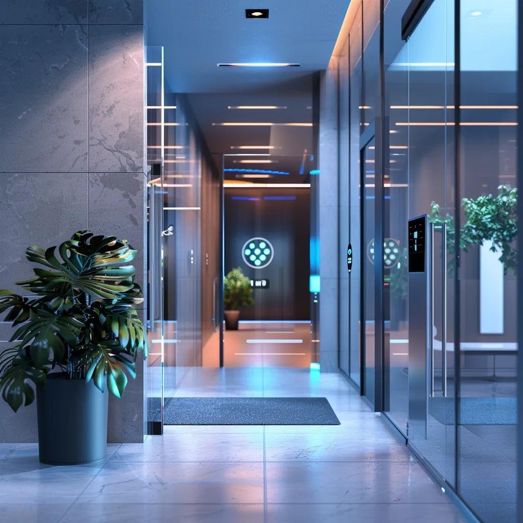 Modern commercial building showcasing smart and touchless technologies