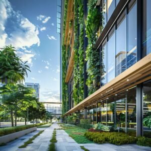 Modern commercial architecture featuring sustainable design and biophilic elements