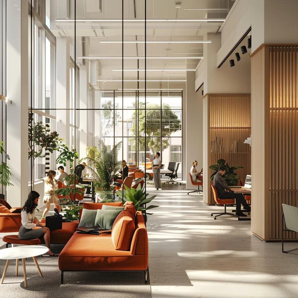 Flexible office design with movable partitions and wellness spaces