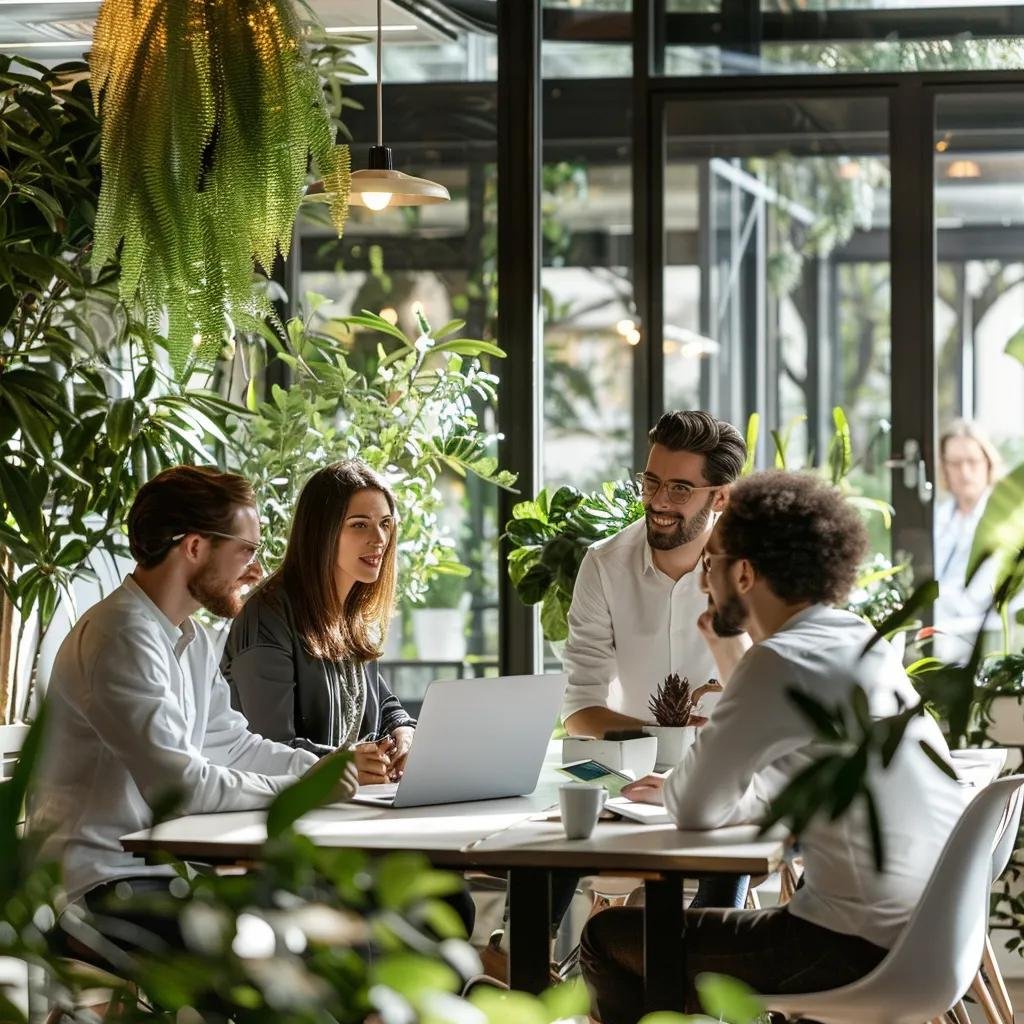 Diverse professionals in an eco-friendly office discussing sustainability strategies