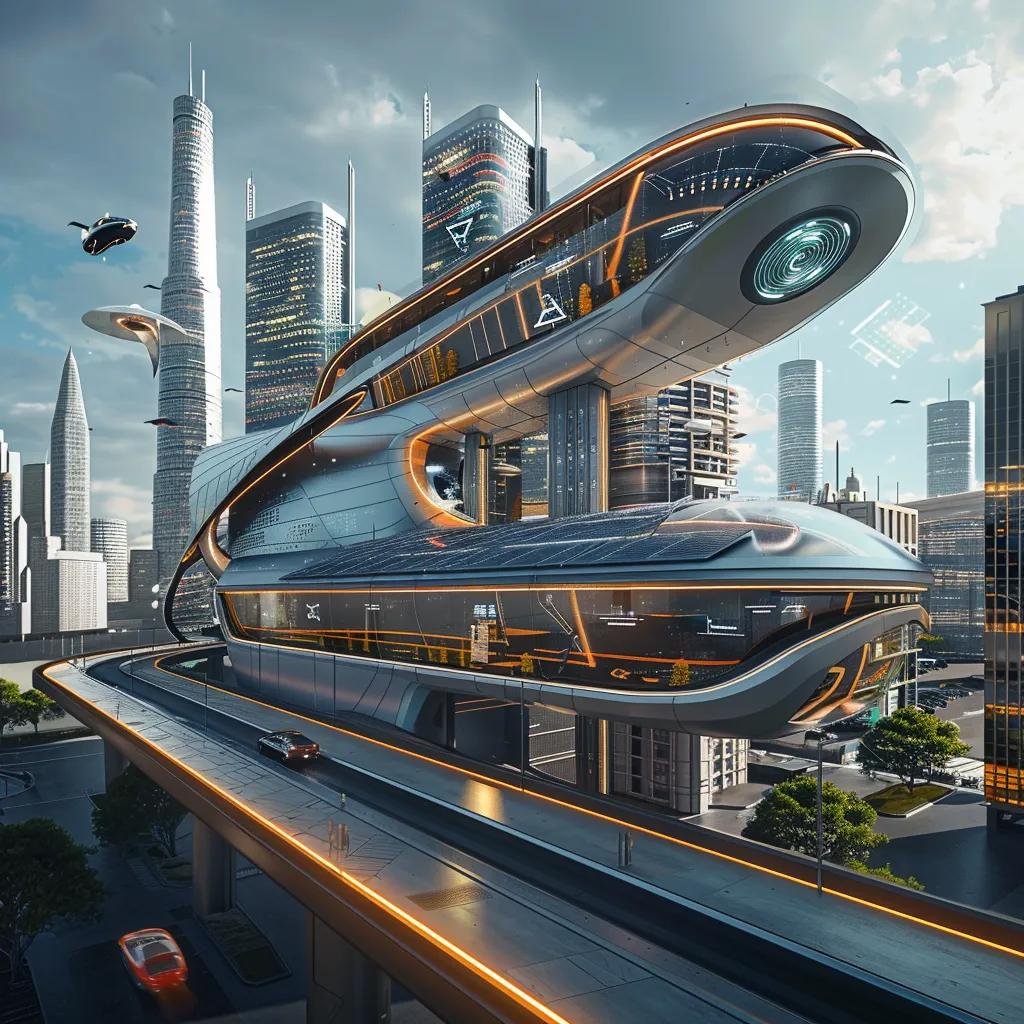 Futuristic commercial building with smart technology and sustainable features