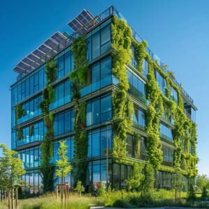 Modern commercial building with green features like solar panels and greenery, representing sustainable construction