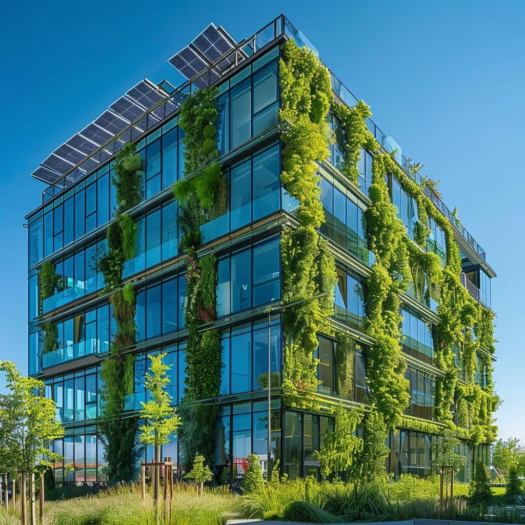 Modern commercial building with green features like solar panels and greenery, representing sustainable construction