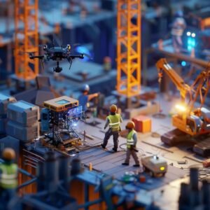 Modern construction site featuring advanced technologies like drones and robotics enhancing efficiency