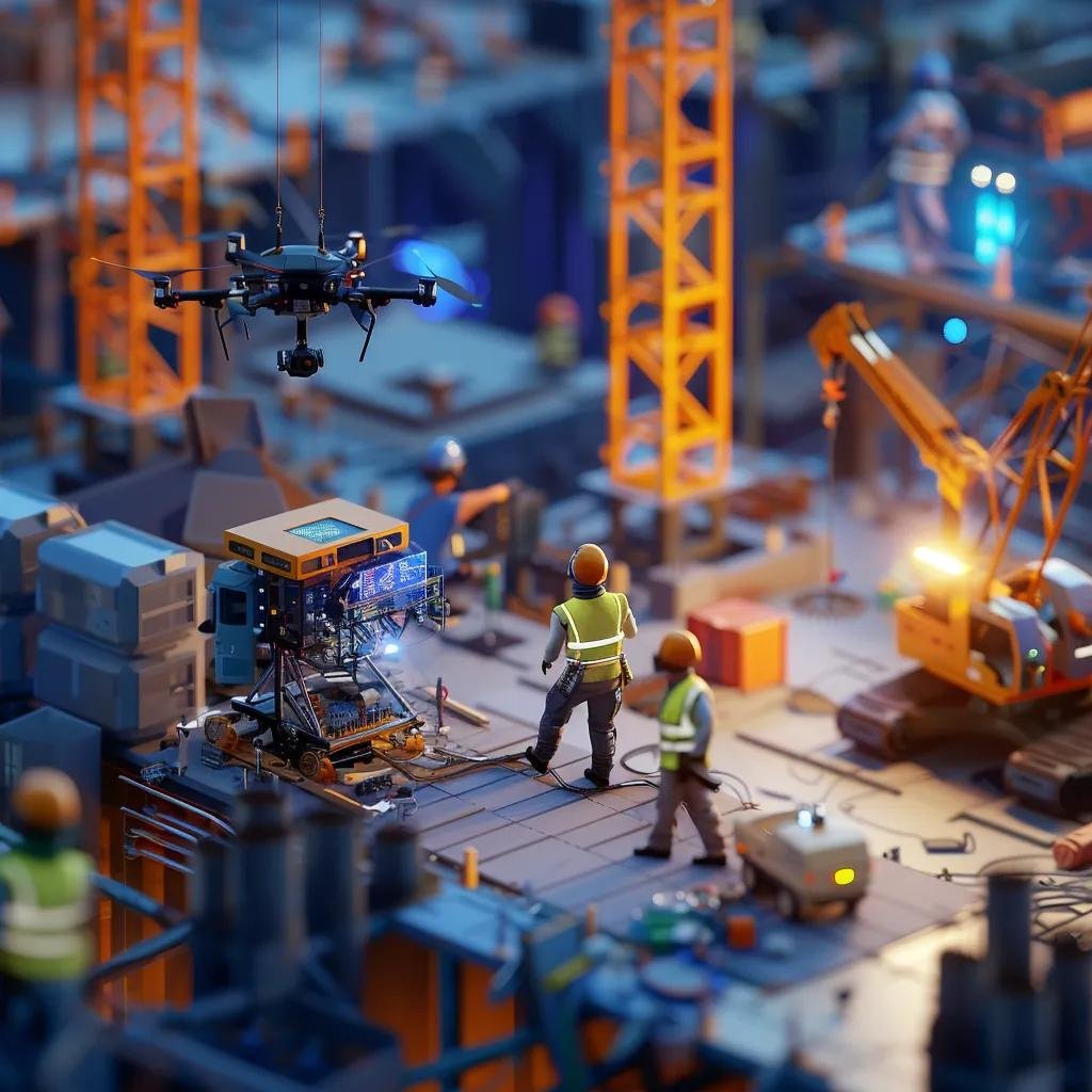 Modern construction site featuring advanced technologies like drones and robotics enhancing efficiency