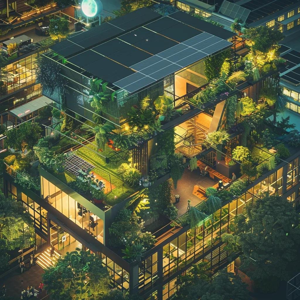 Modern green building with solar panels and greenery, representing sustainability and innovation