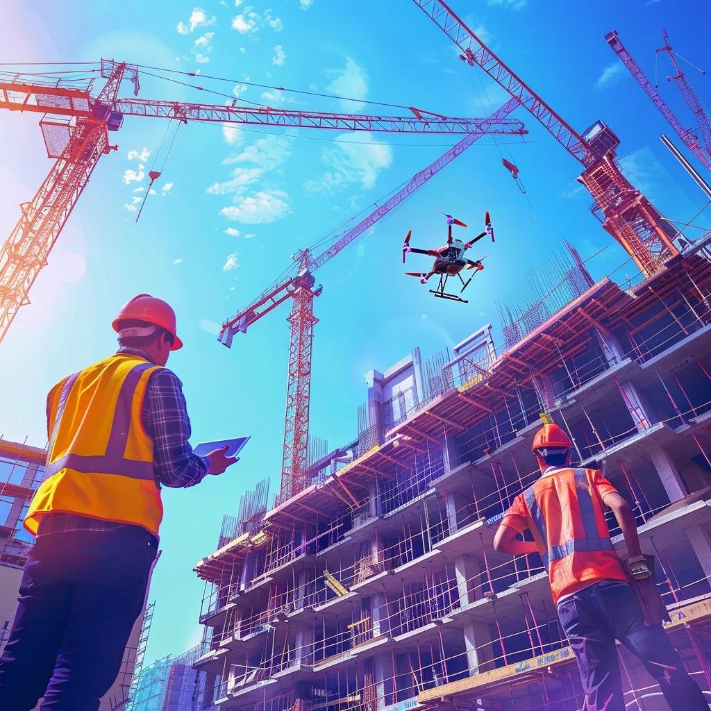 Modern commercial real estate development site with cranes and technology