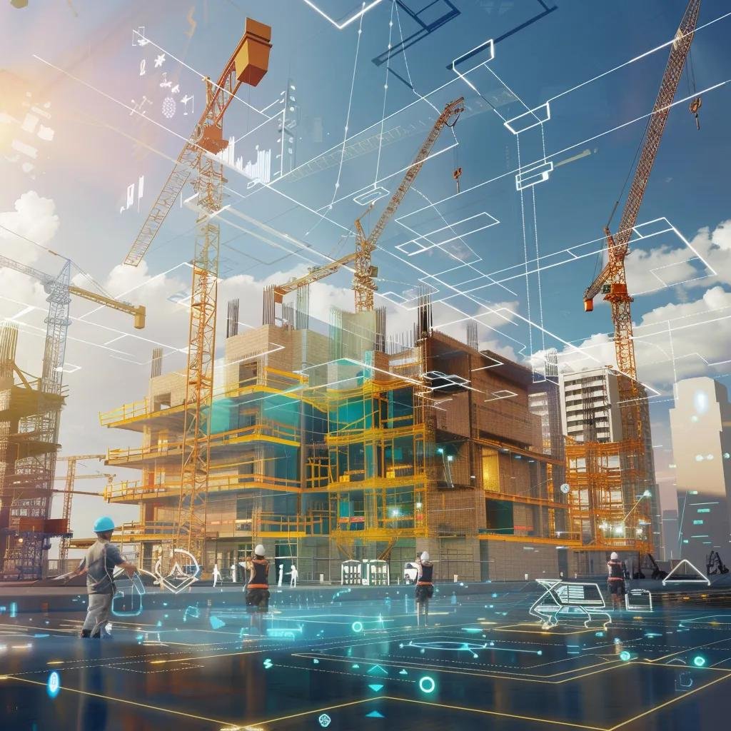 Modern commercial construction site with cranes and workers showcasing innovation in the industry
