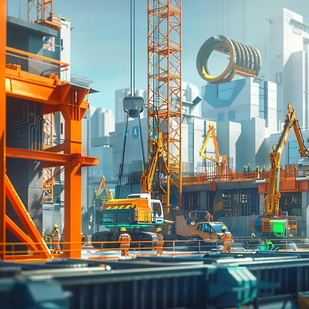 Modern commercial construction site with cranes and workers showcasing innovation and sustainability
