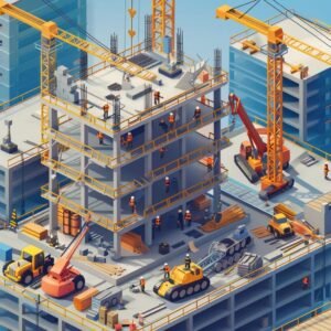 Modern commercial construction site with workers and equipment highlighting cost-effective building strategies