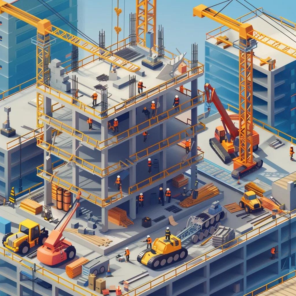 Modern commercial construction site with workers and equipment highlighting cost-effective building strategies