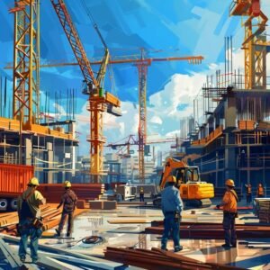 Modern commercial construction site with cranes and workers, highlighting technology and teamwork
