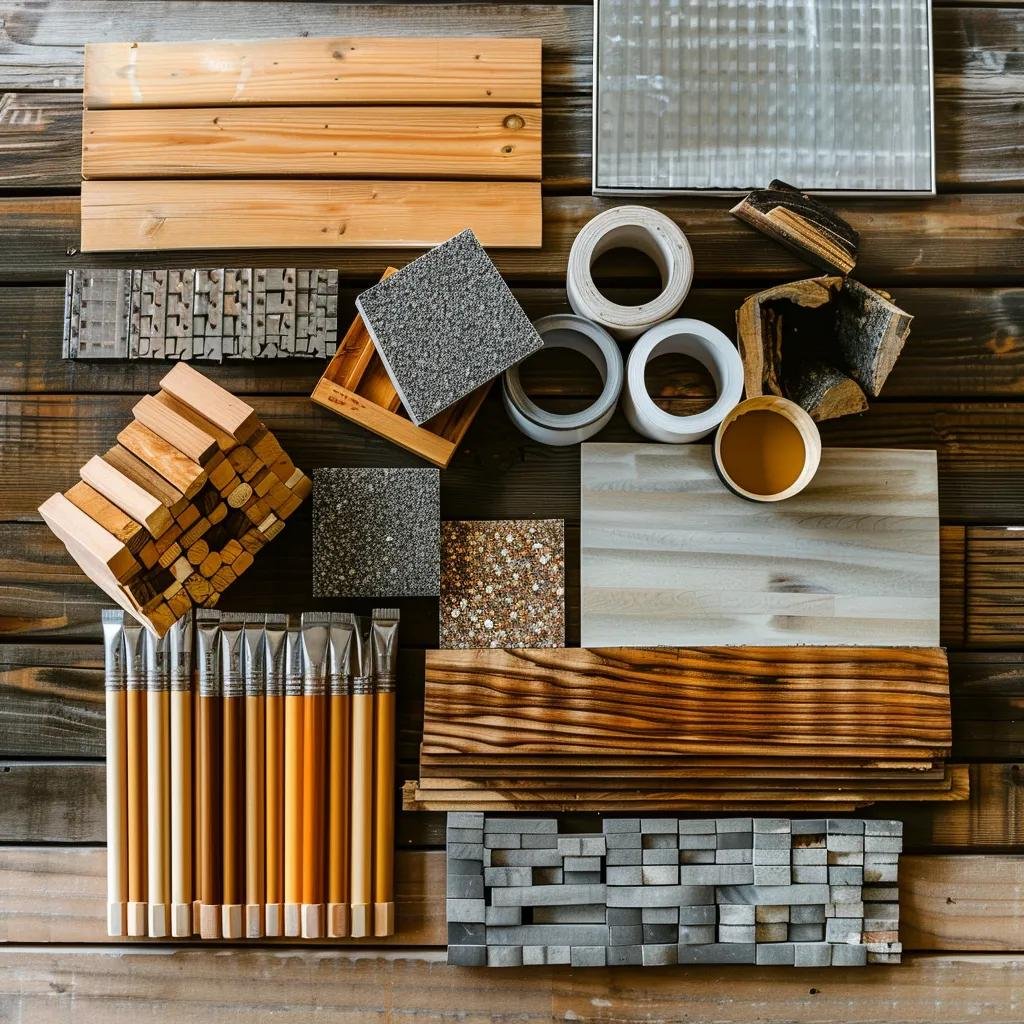 Eco-friendly construction materials including recycled steel and cross-laminated timber, showcasing sustainability