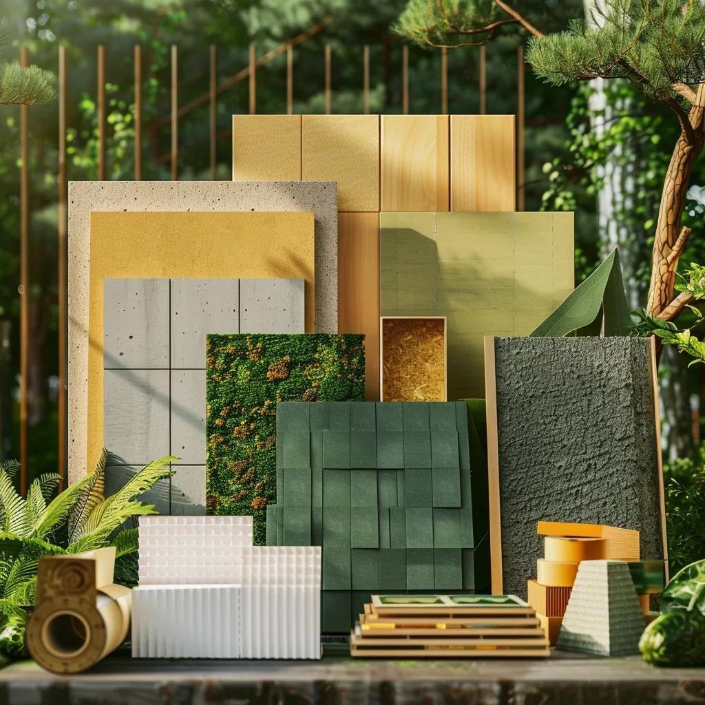 Display of green building materials including cross-laminated timber and recycled steel emphasizing sustainability