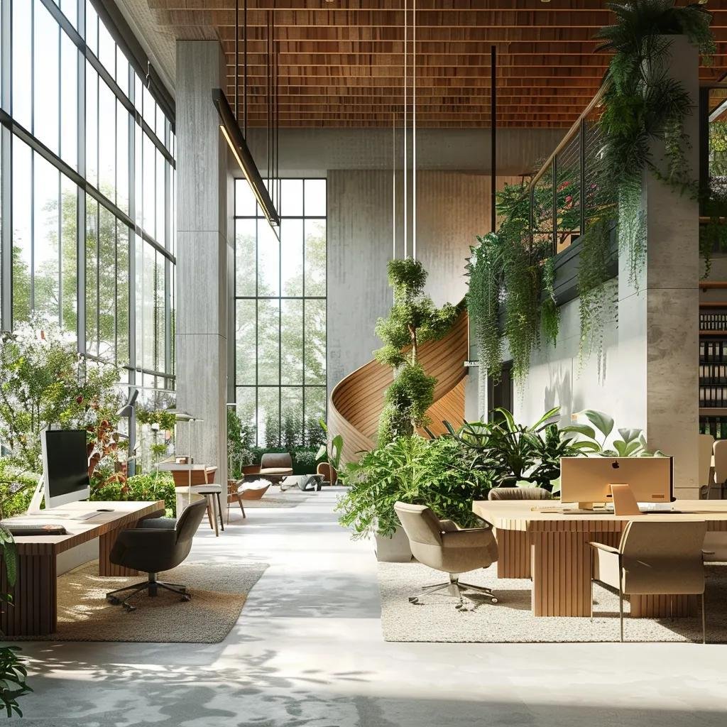 Office interior showcasing biophilic design with plants and natural light