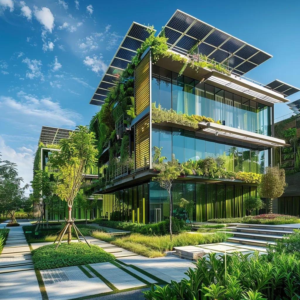 Sustainable commercial real estate with green materials and solar panels