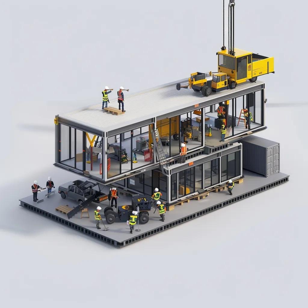 Modular construction process showcasing prefabricated components being assembled on-site for waste reduction