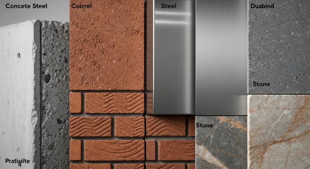 Comparison of concrete, steel, brick, and stone materials showcasing their textures and durability