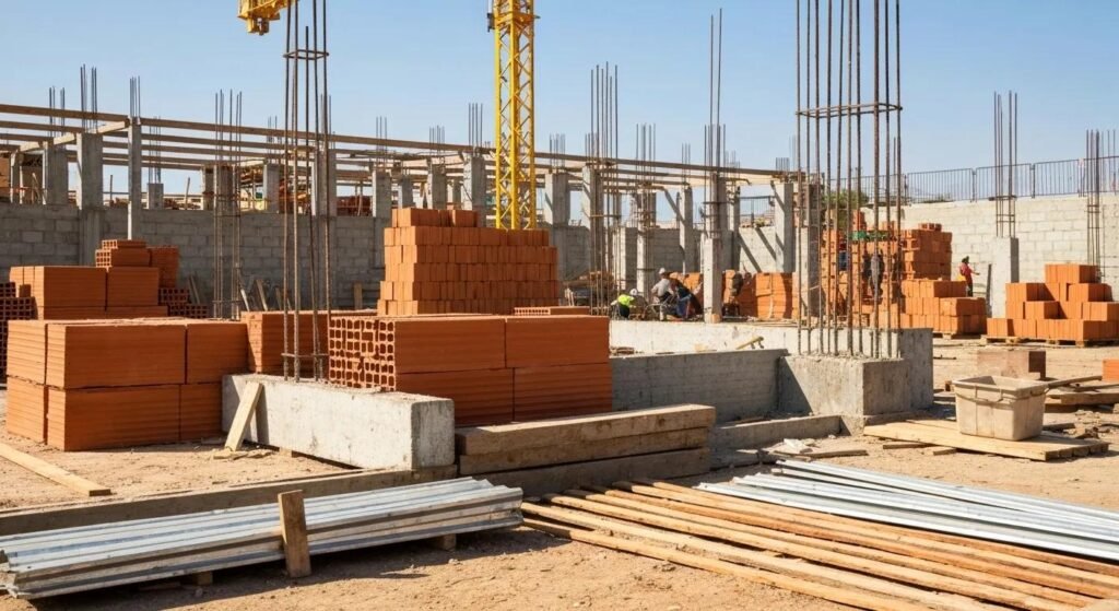 Diverse cost-effective building materials at a construction site, highlighting sustainability and affordability