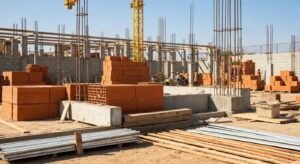Diverse cost-effective building materials at a construction site, highlighting sustainability and affordability
