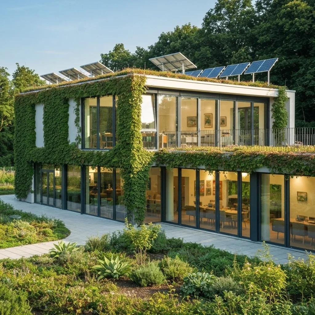 Modern eco-friendly building with solar panels and green roofs surrounded by nature