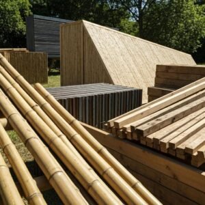 Diverse eco-friendly construction materials including bamboo, recycled steel, and reclaimed wood in a natural setting
