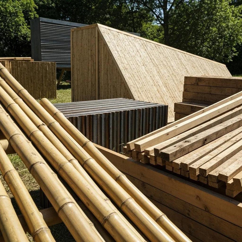 Diverse eco-friendly construction materials including bamboo, recycled steel, and reclaimed wood in a natural setting