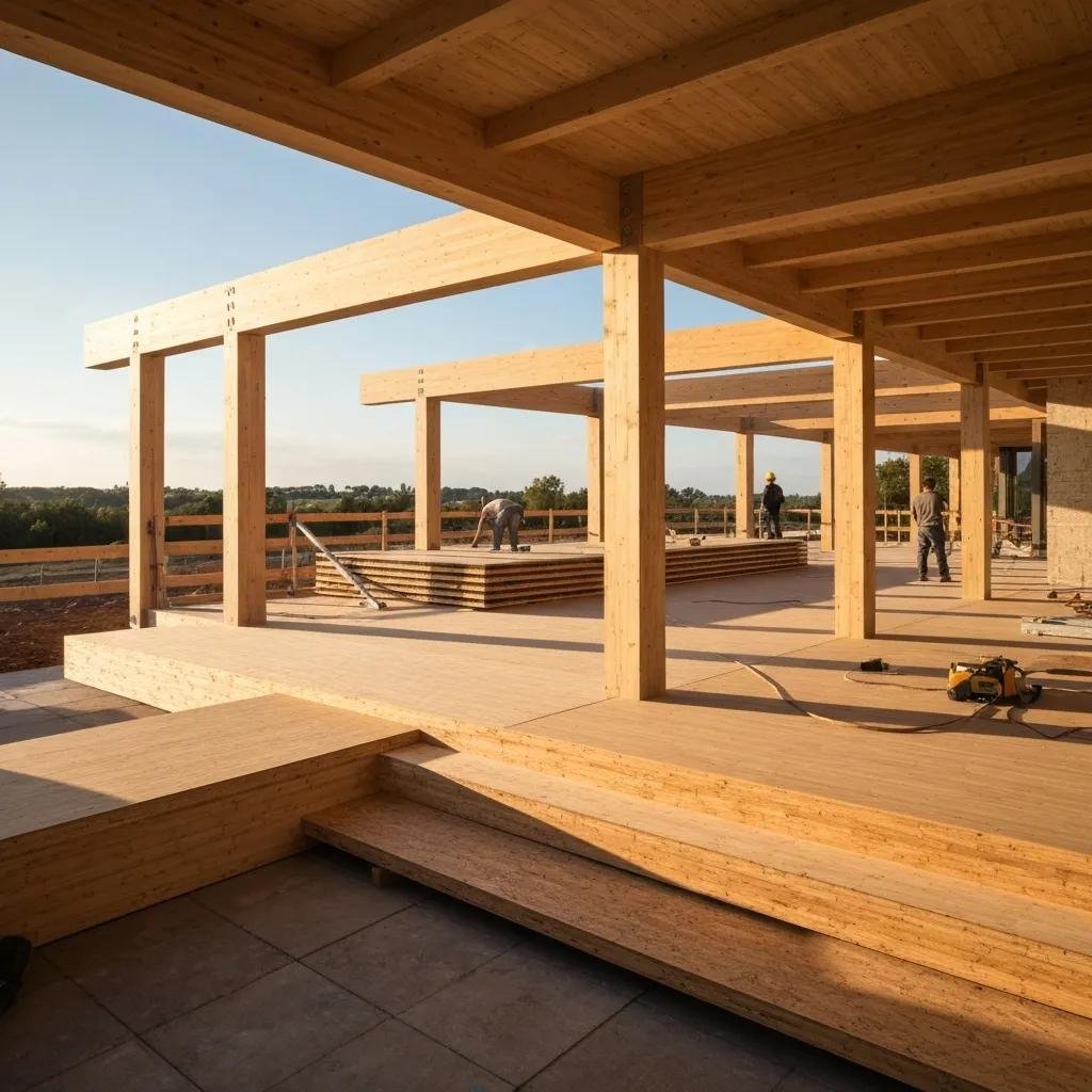Eco-friendly construction materials including cross-laminated timber and bamboo, emphasizing sustainability and cost benefits