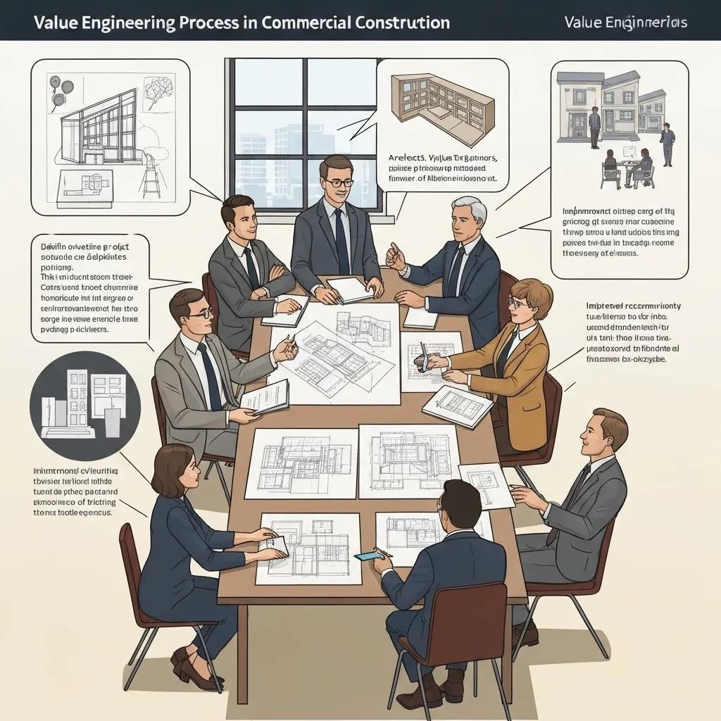 Collaborative meeting showcasing the stages of value engineering in construction with professionals discussing plans