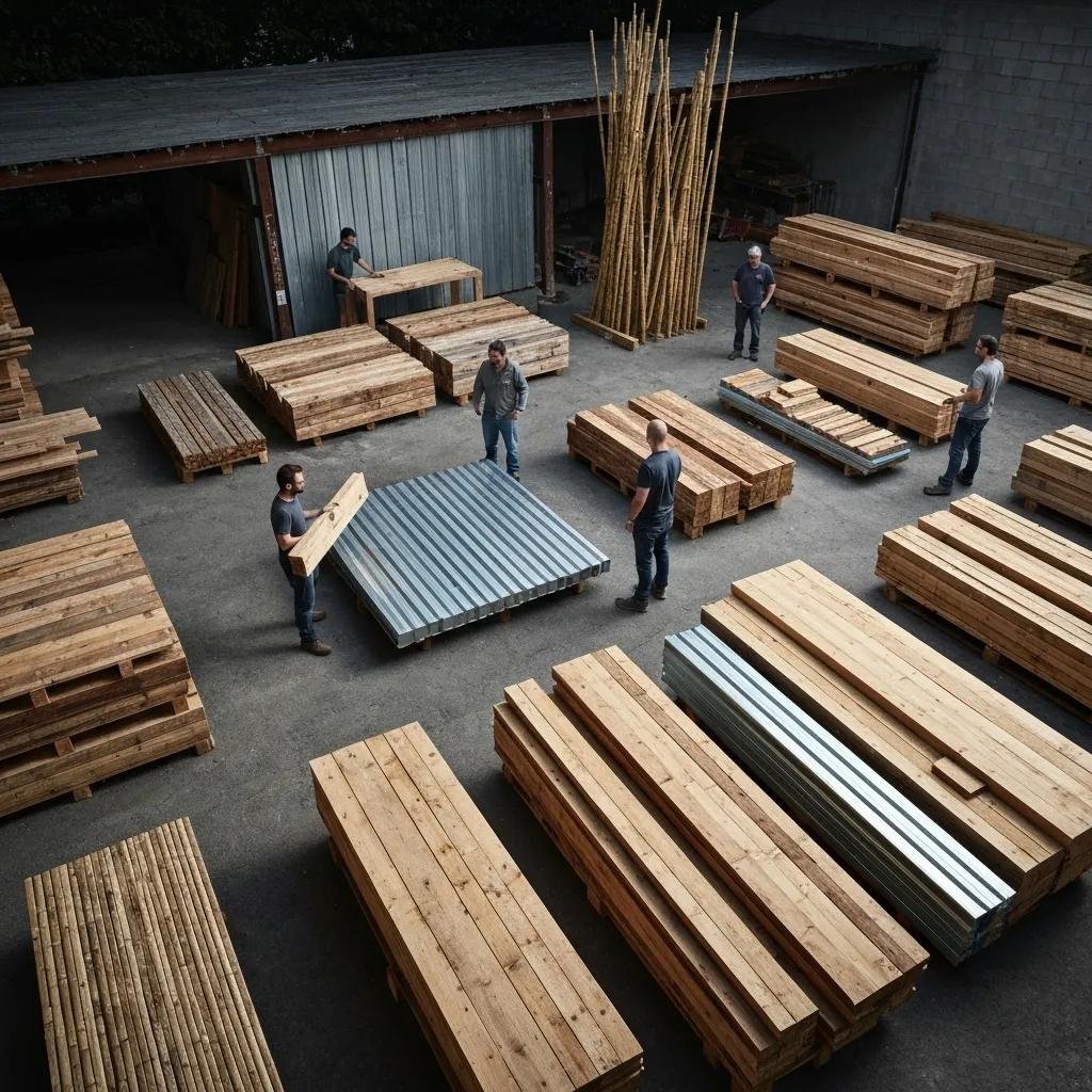 Local supplier yard showcasing eco-friendly building materials with workers inspecting and discussing