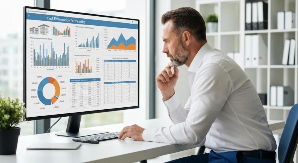 Construction manager reviewing cost estimation data for budget forecasting