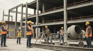 Diverse team of contractors collaborating on a commercial construction project