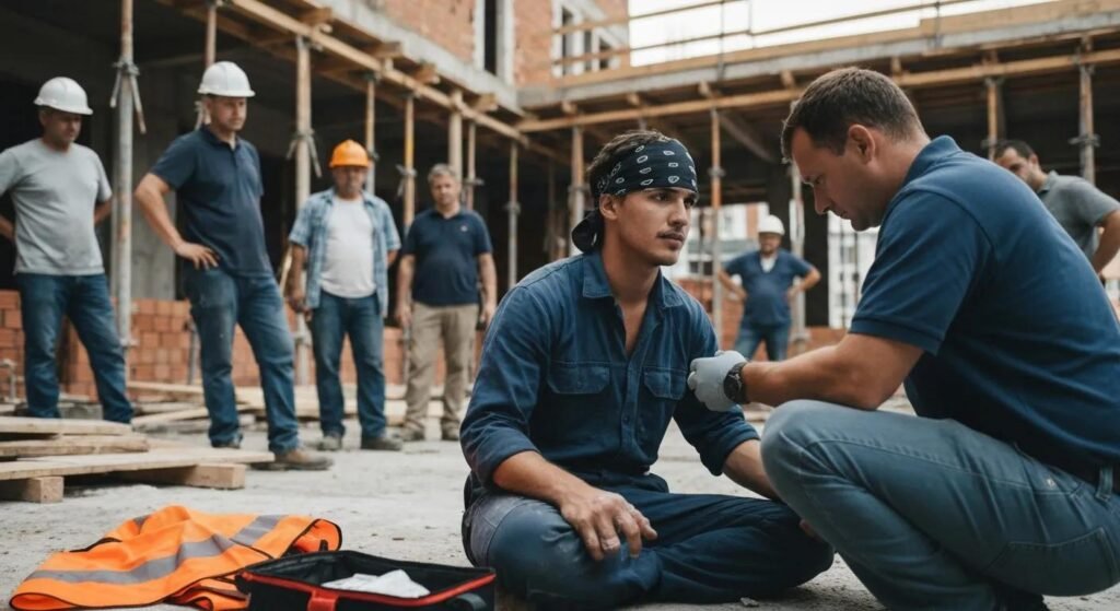 Construction worker receiving medical attention on-site for an injury