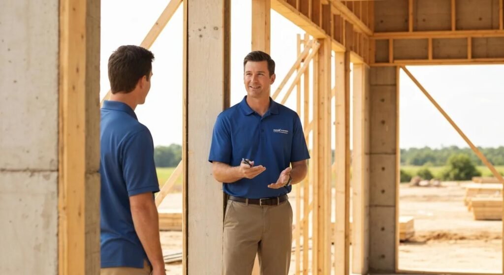 Contractor discussing general liability insurance with a client at a construction site